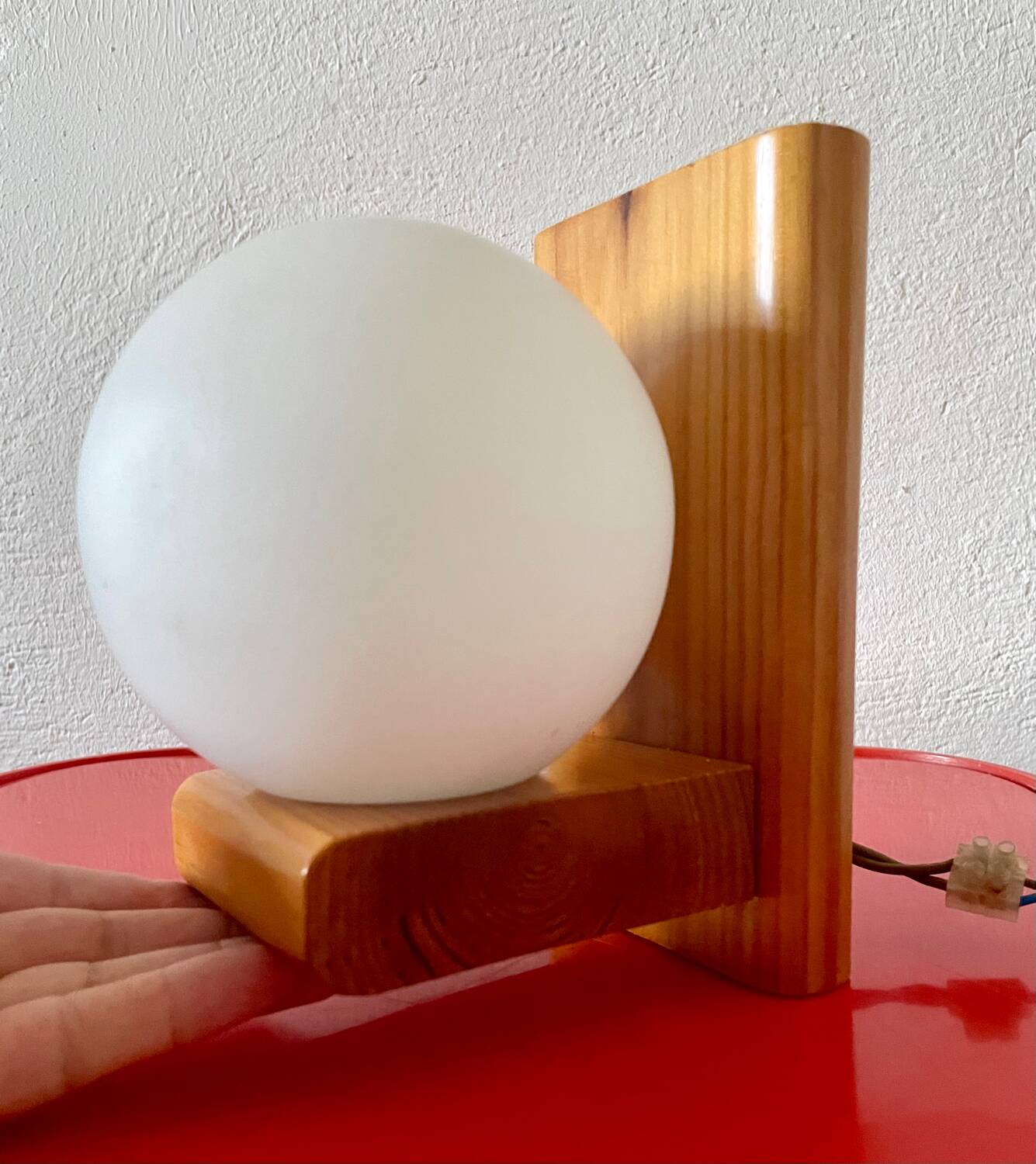 Vintage pine wall lamp with opaline globe
