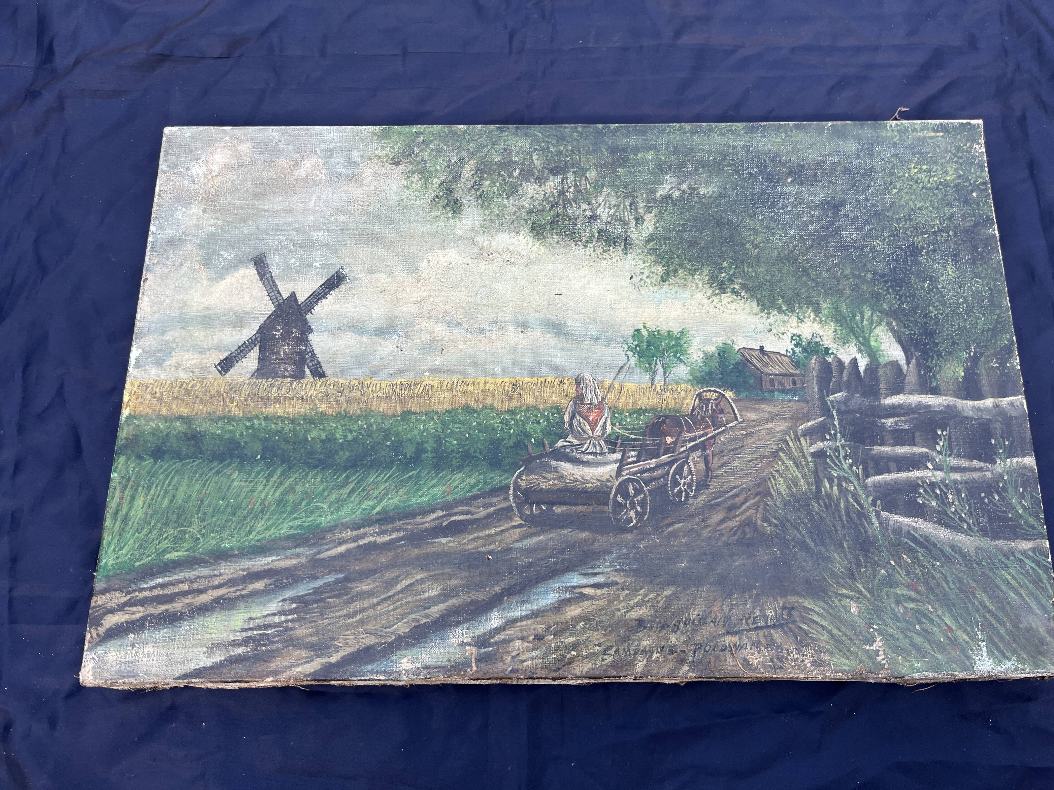 Antique Polish painting signed - rural scene with mill