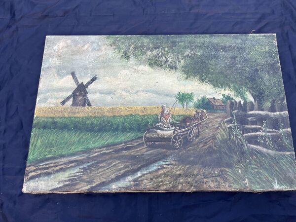 Tableau ancien polonais signé– scène rurale avec moulin