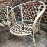 Ensemble salon fauteuils canapé, table et couturière en rotin vintage