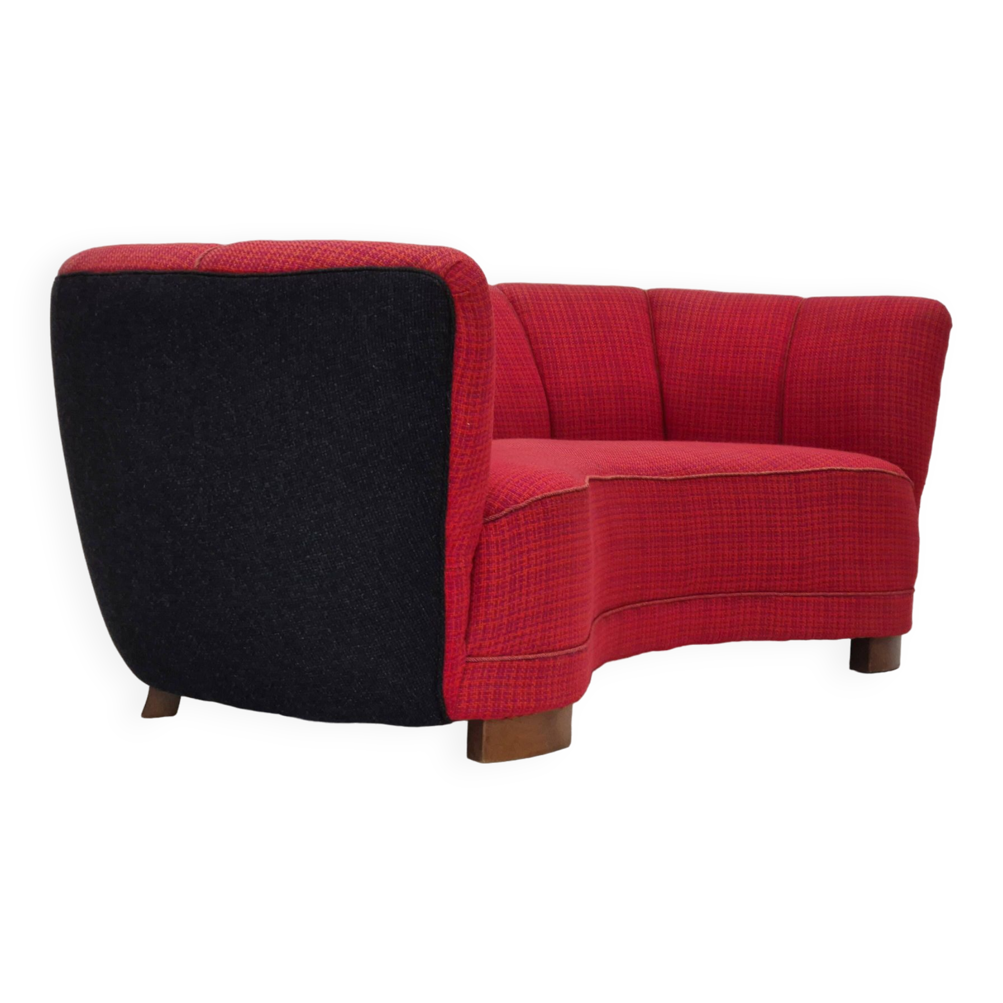 Années 1960, canapé danois 2 places "Banana", meuble en laine, bois de hêtre.