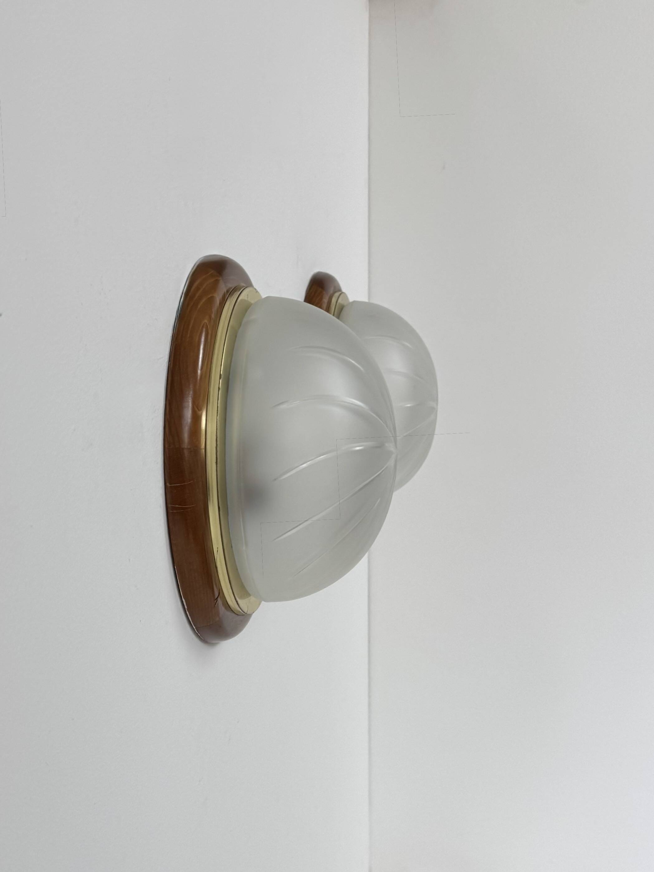 Pair of vintage wall lights, wood, brass and frosted glass, France, 1970.
