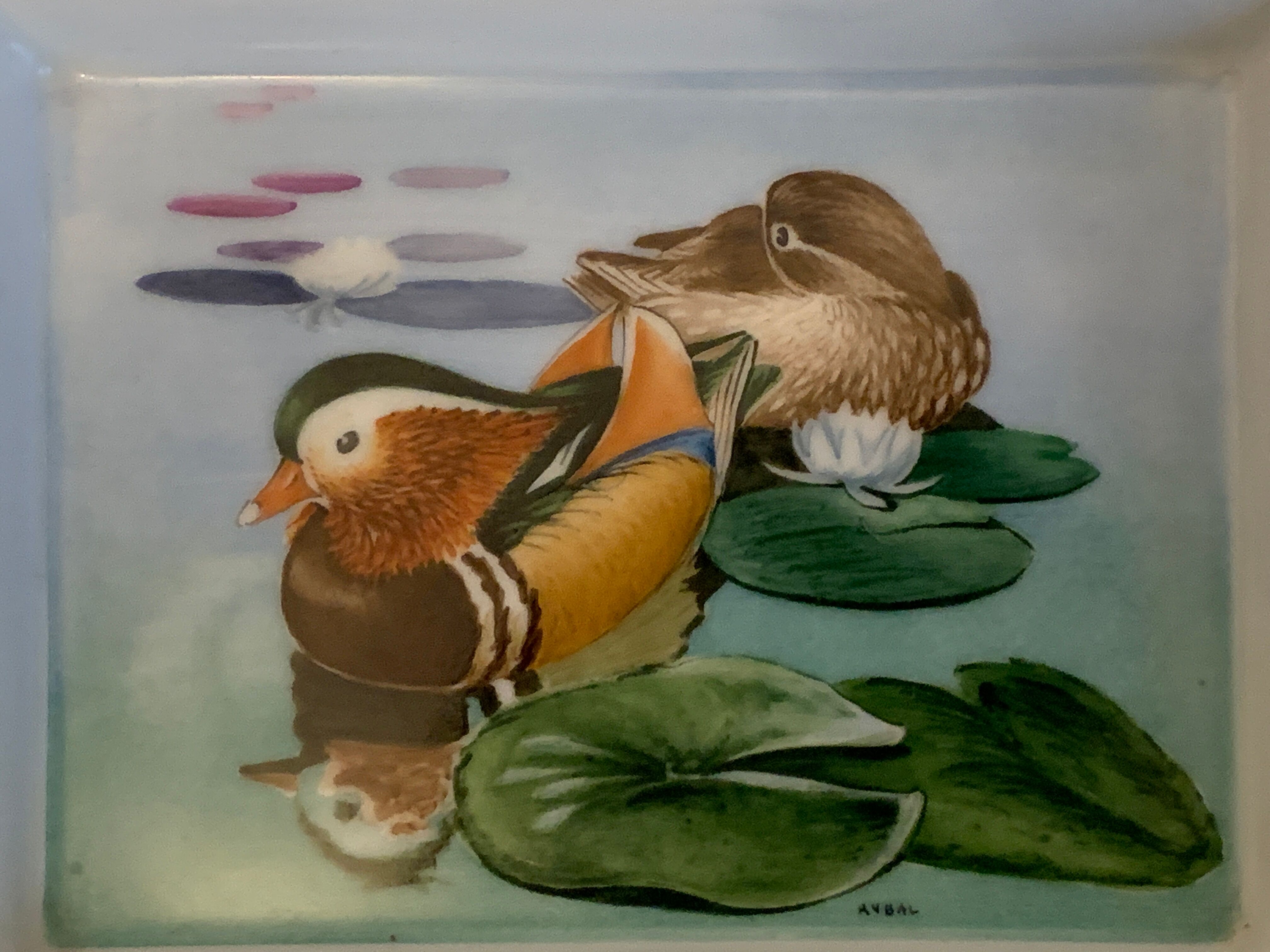 Hermès ashtray signed Rybal in fine Limoges porcelain decorated with mandarin ducks