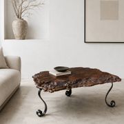 Brutalist coffee table in solid elm and wrought iron, ram's horn legs.