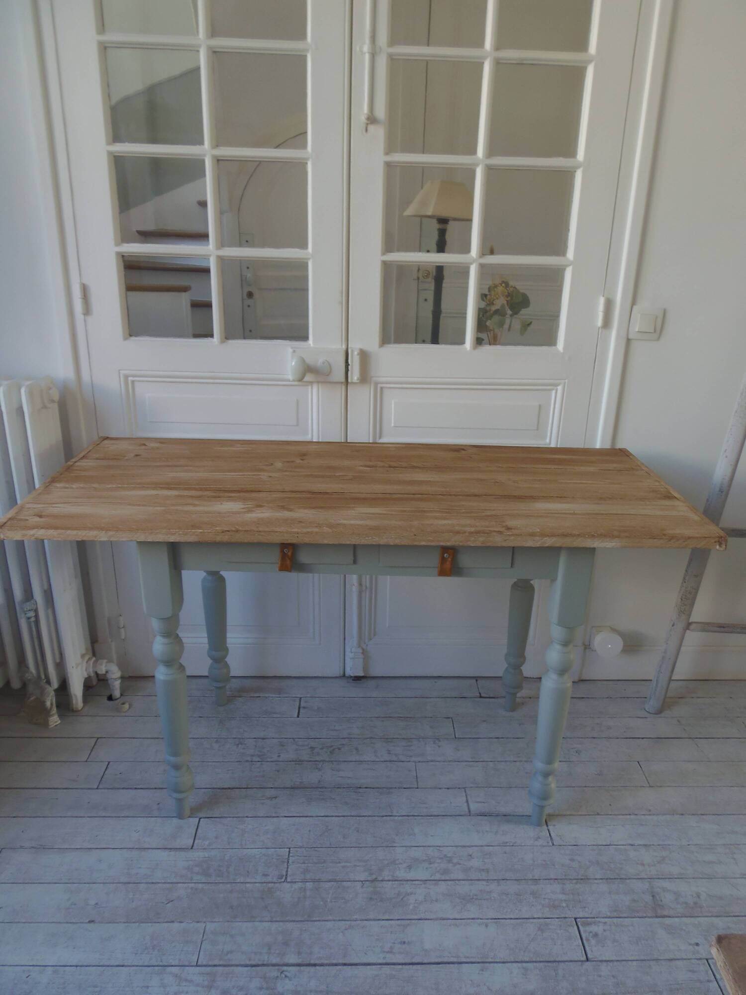 Vintage farm table, base and belt re-enchanted in verdigris, wooden top.