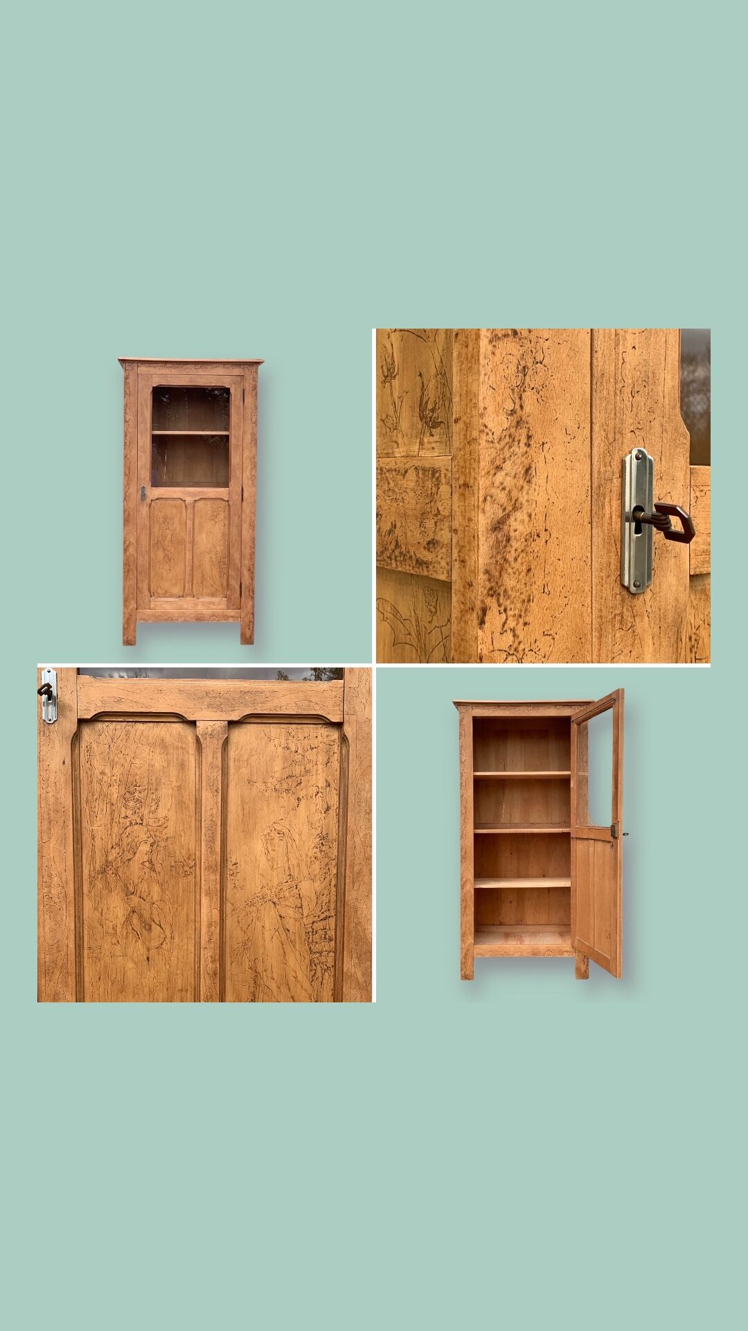 Parisian cabinet glazed raw wood nymphs and carved art nouveau decorations