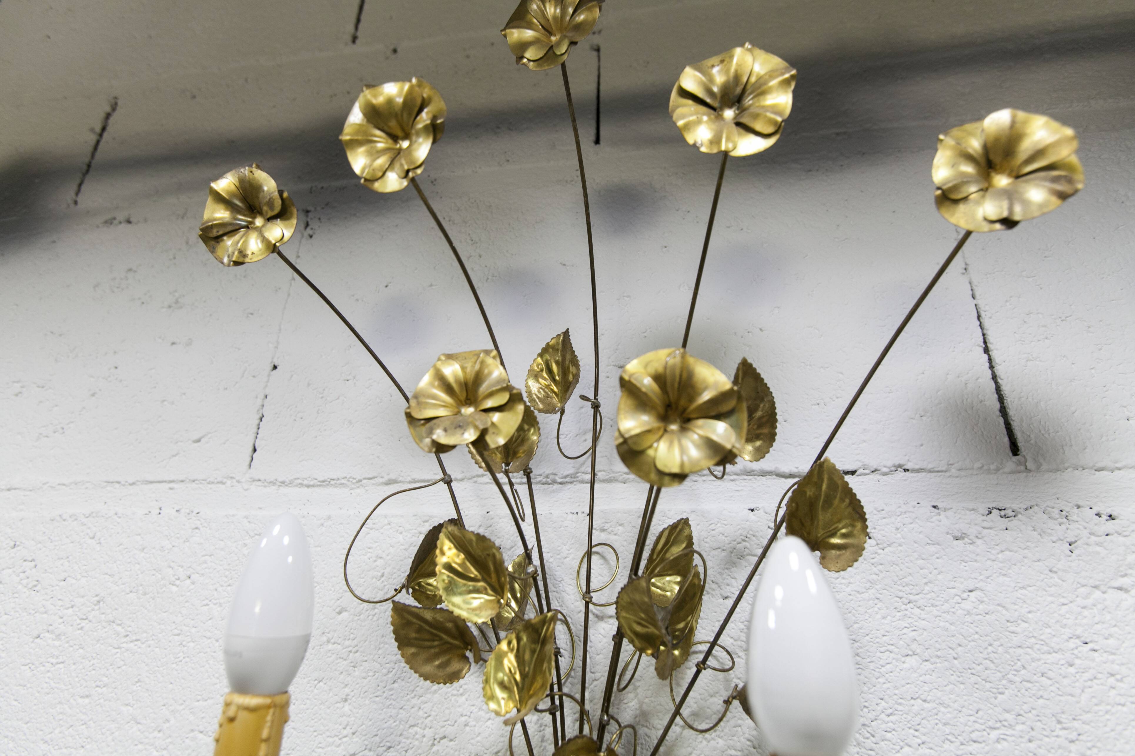 Pair of double flower bouquet sconces in brass 1960