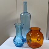 Trio vintage vase bottle and jar in amber and blue glass