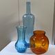 Trio vintage vase bottle and jar in amber and blue glass