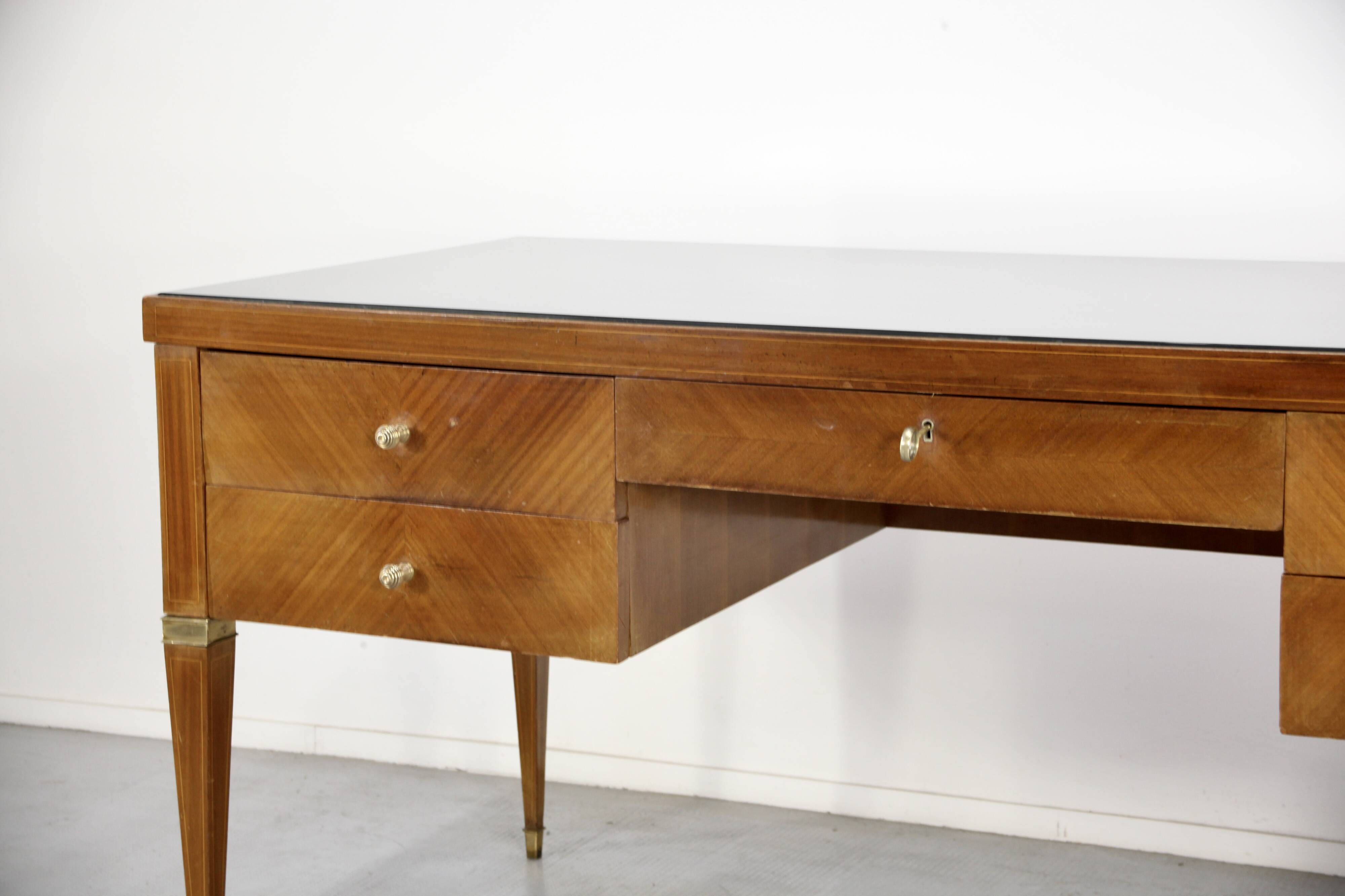 Midcentury Italian Desk In Walnut, Brass And Glass.