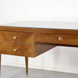Midcentury Italian Desk In Walnut, Brass And Glass.
