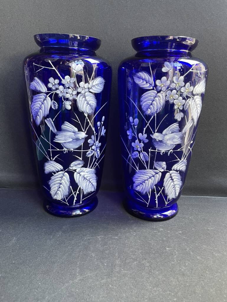 Pair of numbered white enamelled cobalt blue blown glass vases