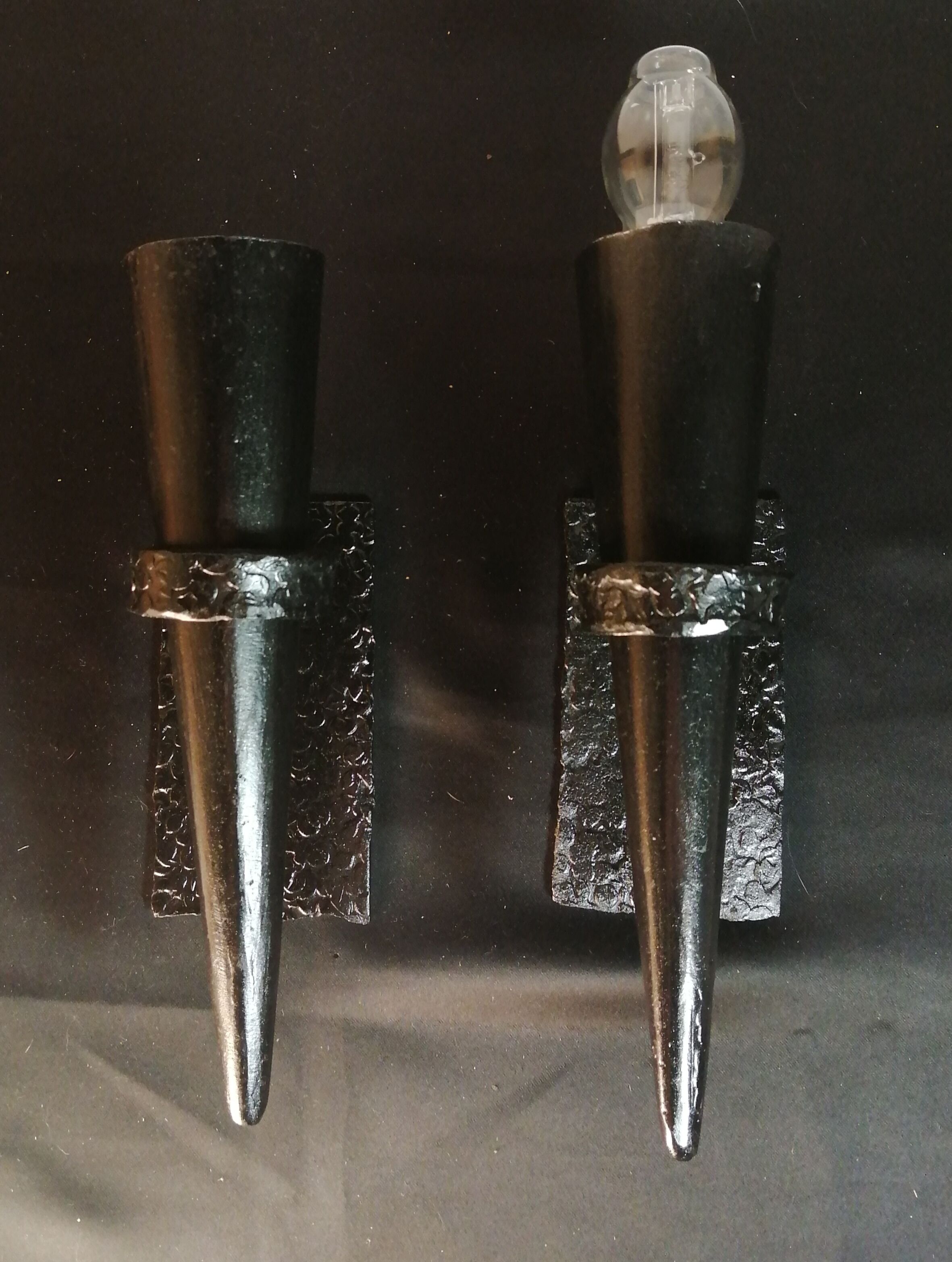 Pair of conical sconces in wrought iron, medieval, electrified in 1960