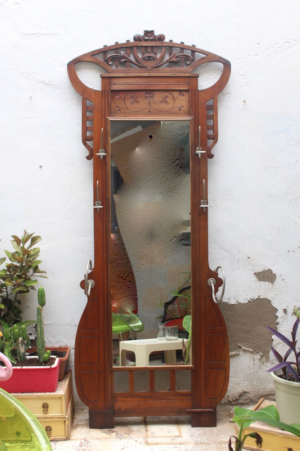 Art nouveau entrance cherry tree wood coat rack with mirror 1890s