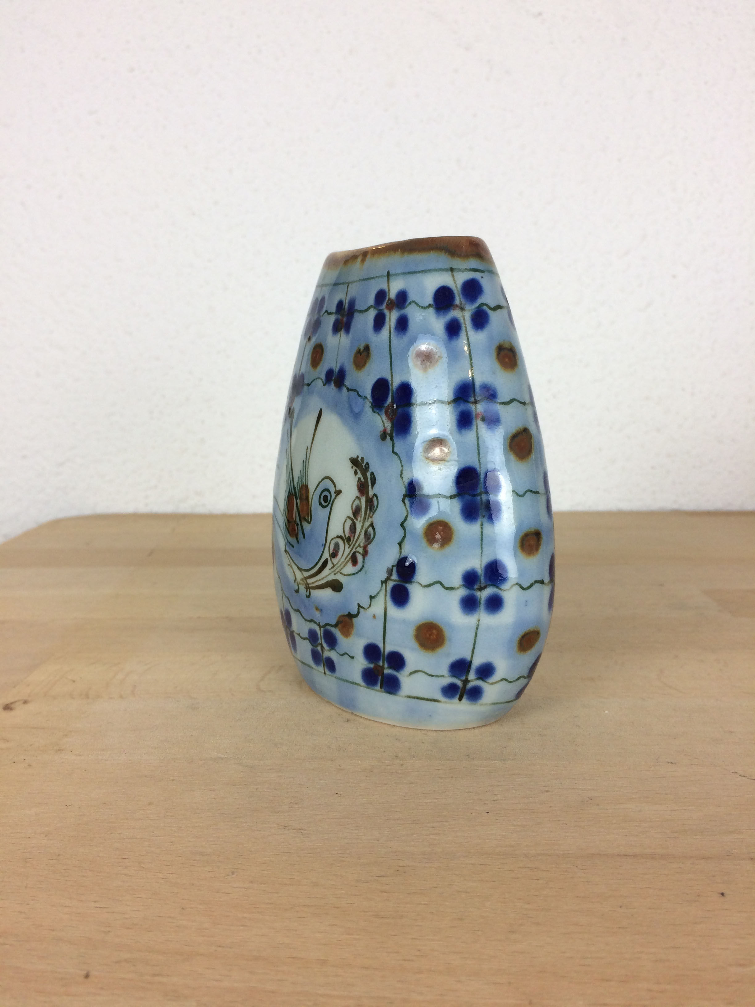 Vintage blue ceramic vase, bird decor