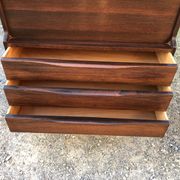 Vintage Scandinavian secretary in rosewood with drawers featuring fin-style handles.