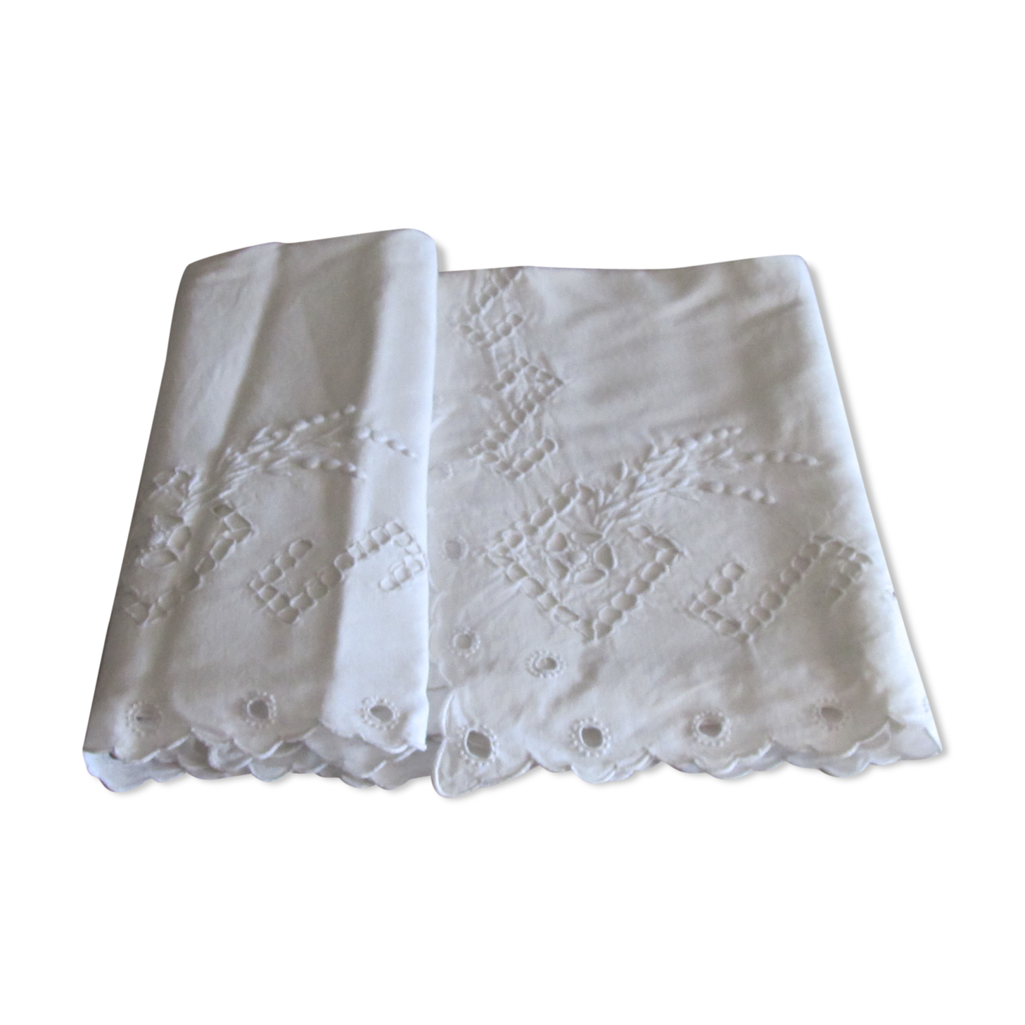 Old sheet cotton embroidery Richelieu white monograms MC 200 x 315 back 80 cm
