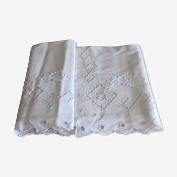 Drap ancien coton broderie Richelieu blanc monogrammes MC 200 x 315 retour 80 cm