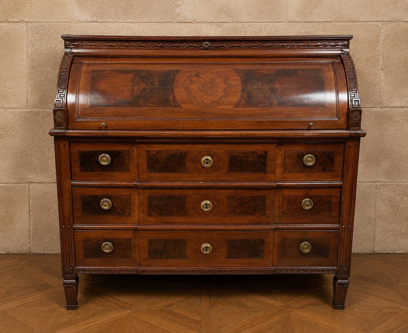 Cylinder desk in marquetry walnut – Louis XVI period, late 18th century