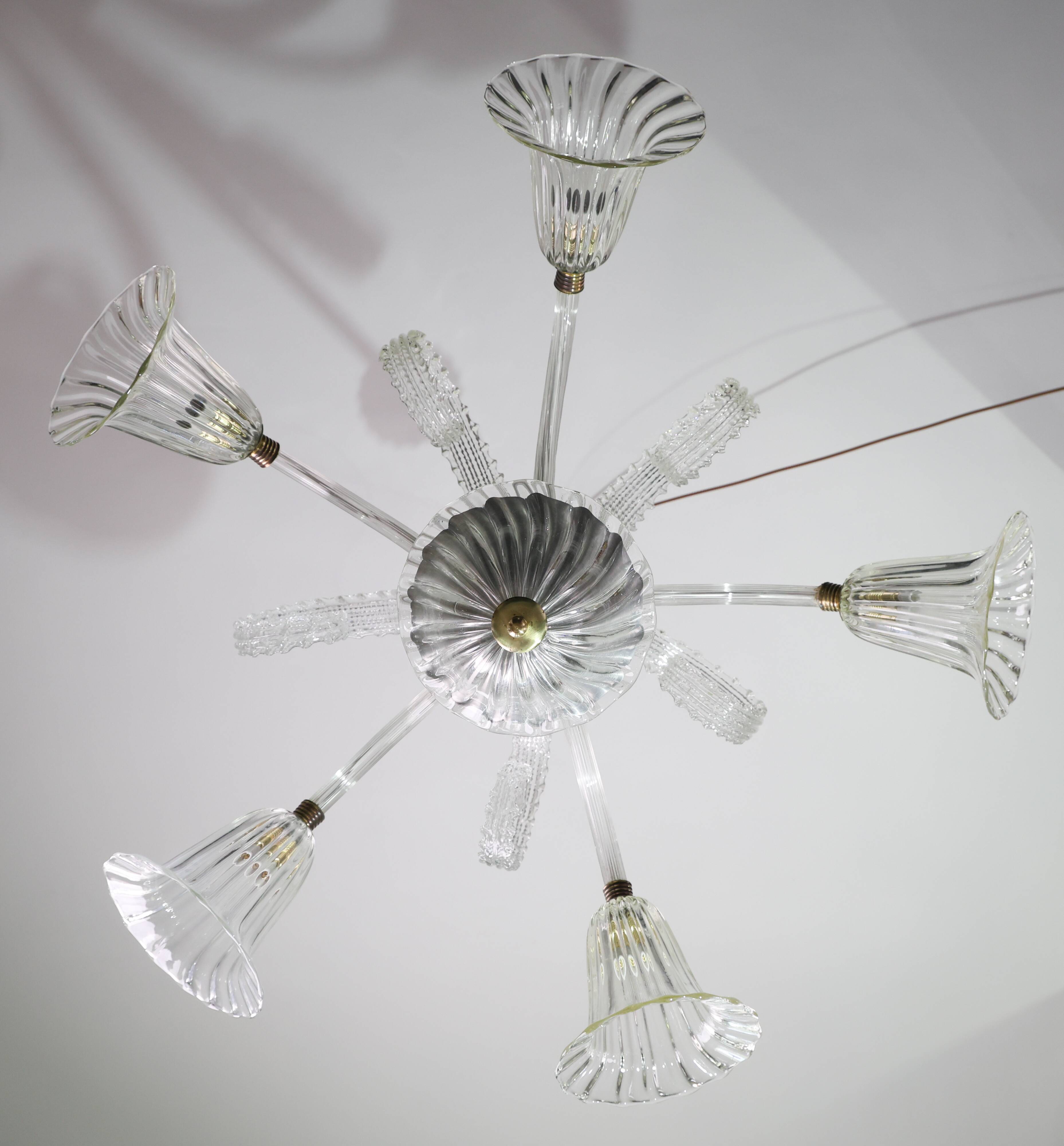 Amazing Art Decò Murano Glass Chandelier 5 Light, 1950