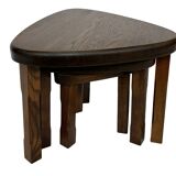 Lot de 3 tables d'appoint ou gigognes ovales brutalistes en chêne au design minimaliste des années 1970