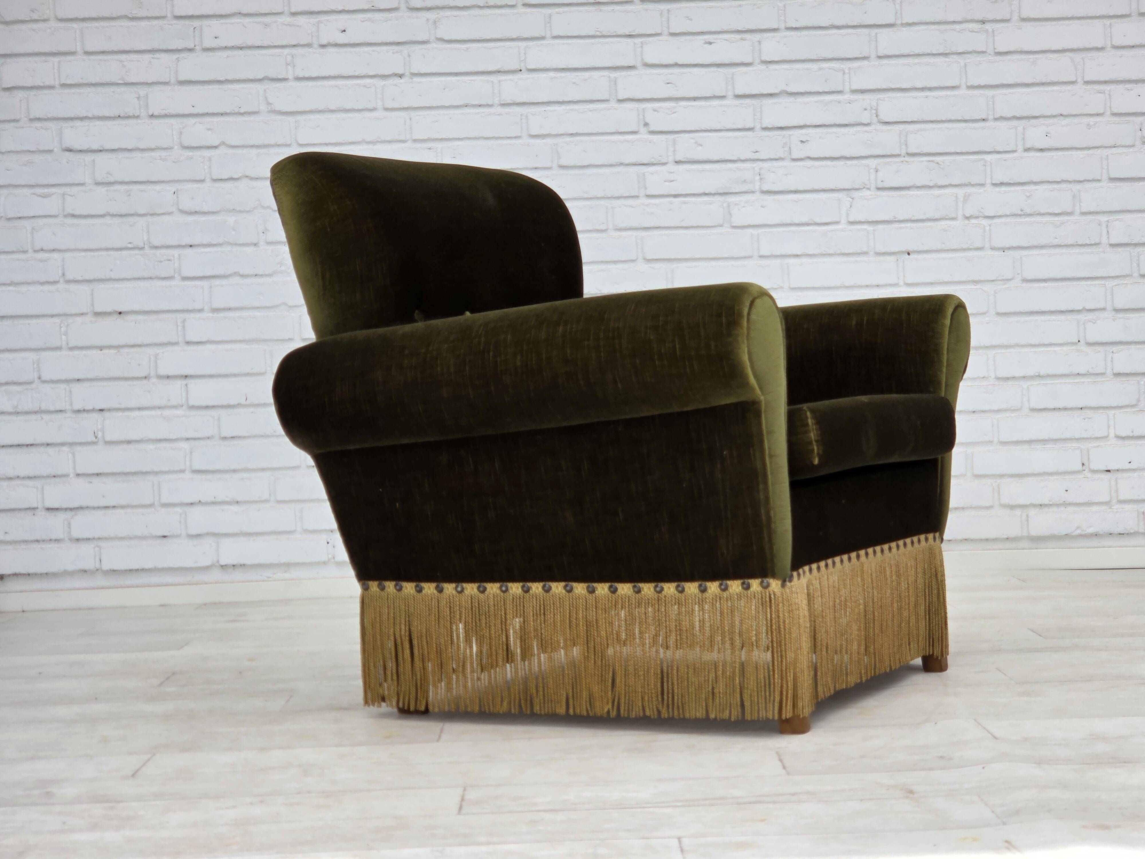 1970s, Danish lounge chair, low, furniture velour, ash wood legs.