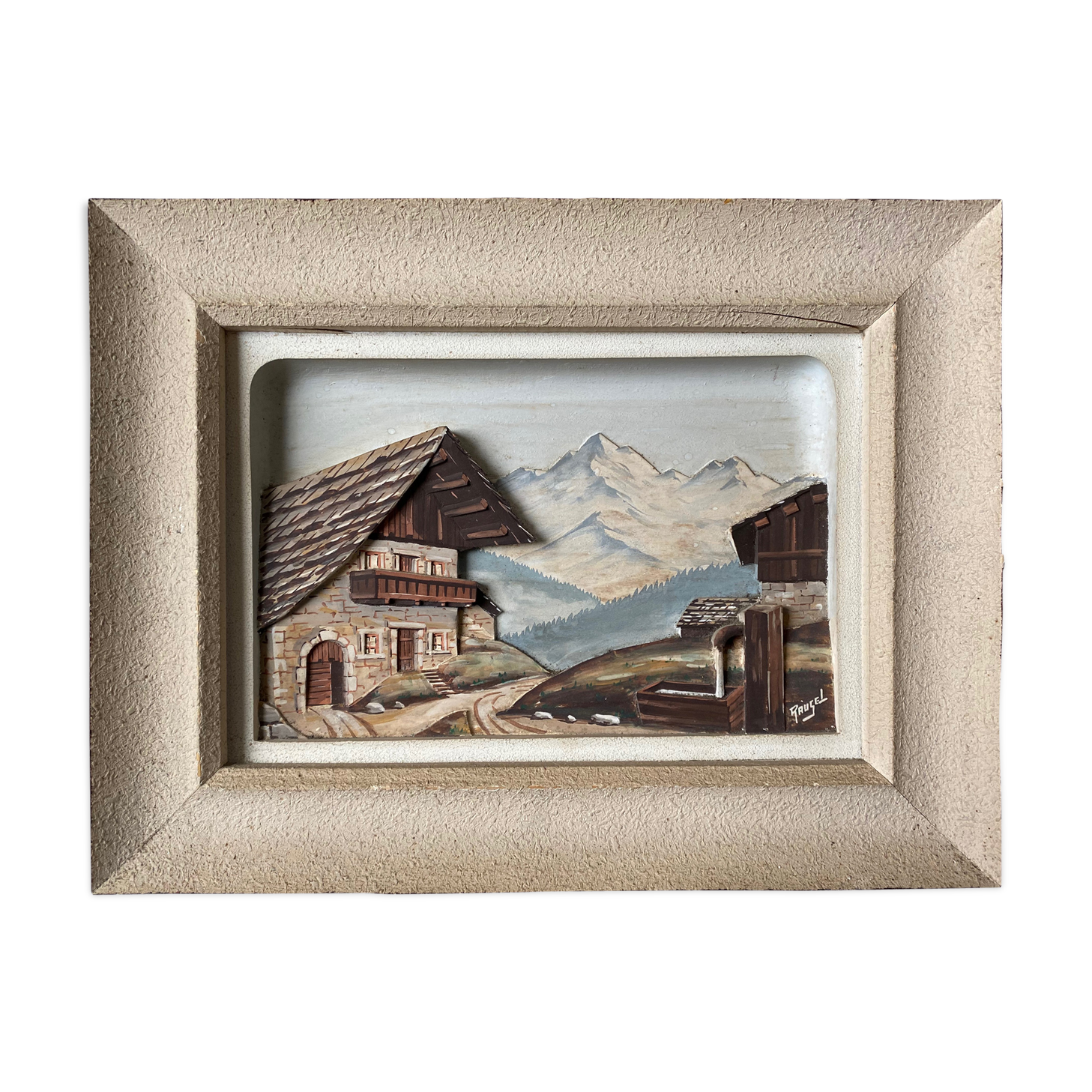 Painting hsp bas relief mountain snow chalet signed f. raugel circa 1950/60