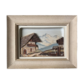 Painting hsp bas relief mountain snow chalet signed f. raugel circa 1950/60