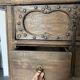 Very old elm wood with carved patterns and ironwork pieces.