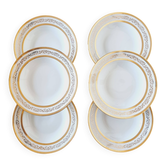 Service de 6 assiettes plates en porcelaine fine de Limoges, décorées d'or