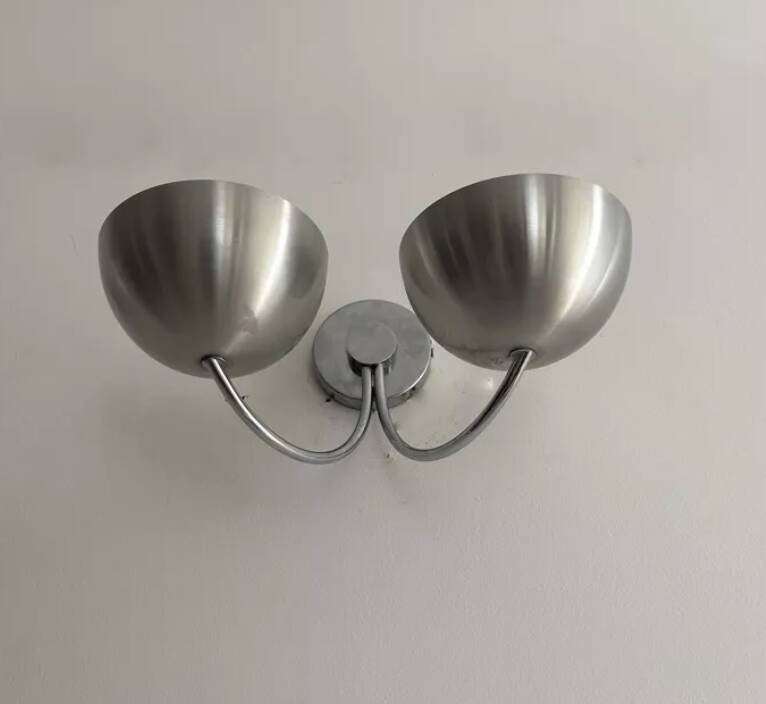 Pair of vintage double wall lights, brushed aluminum and chrome, France 1970