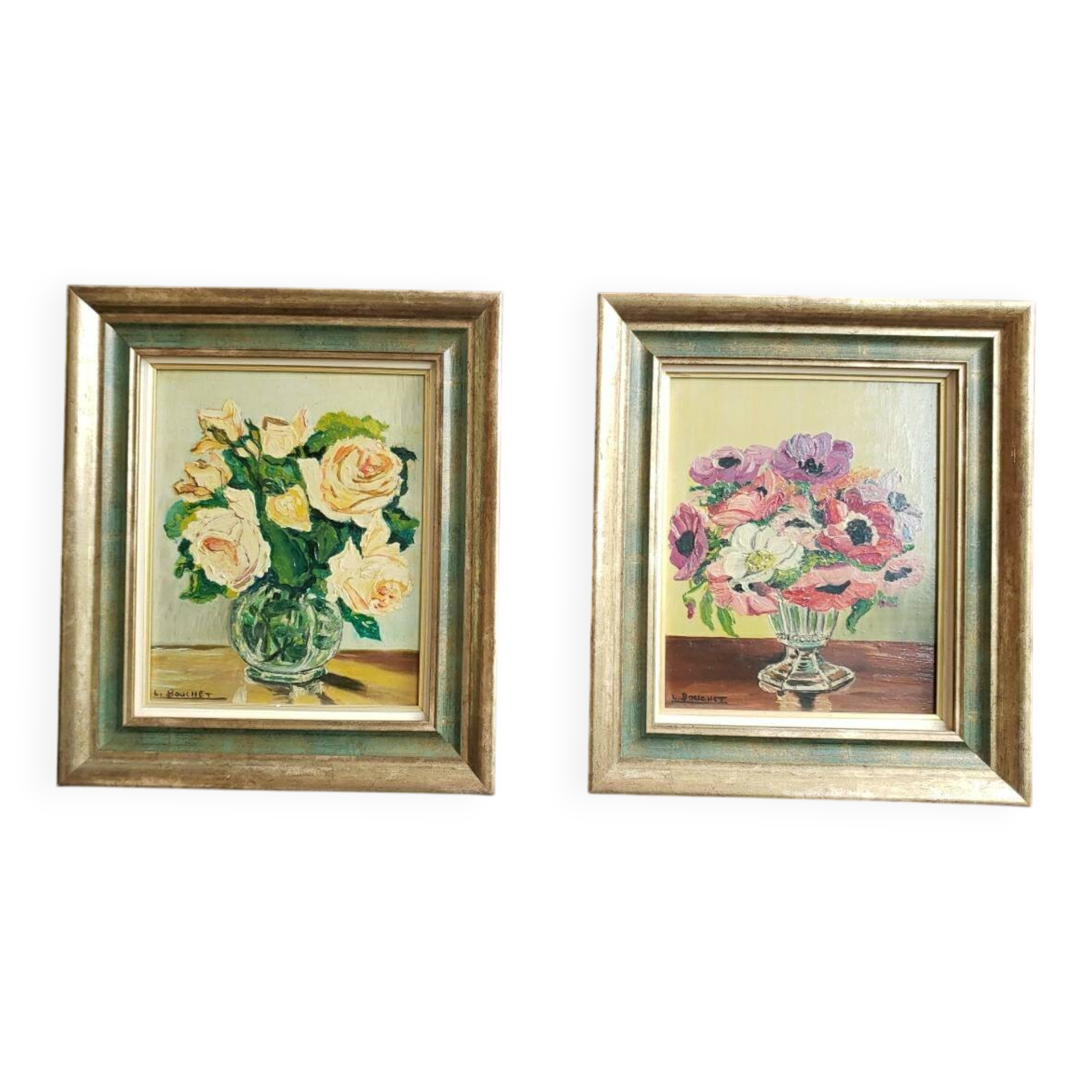 Pair of oils on panel "bouquet of yellow roses" and "bouquet of anemones"