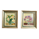 Paire d'huiles sur panneau " bouquet de roses jaunes " et " bouquet d'anémo