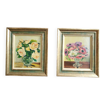 Pair of oils on panel "bouquet of yellow roses" and "bouquet of anemones"