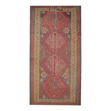 Tapis Kilim vintage des années 1960 fait main en laine tribale 342 x 147 cm