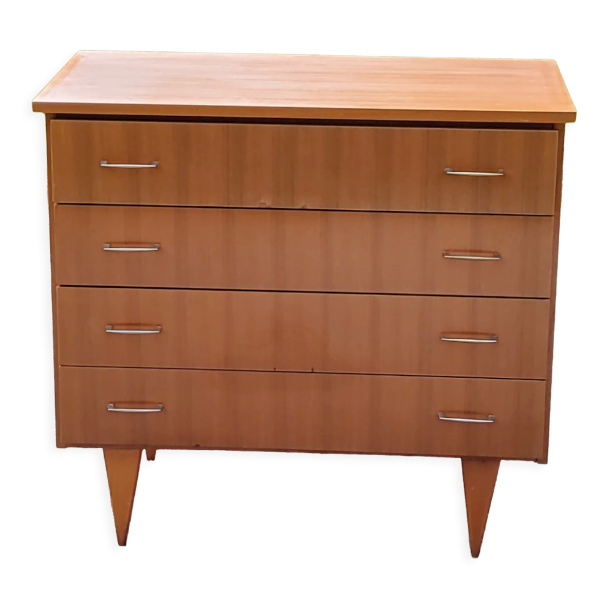 Vintage chest of drawers from the 50s/60s in golden mahogany 4 drawers feet bobbin
