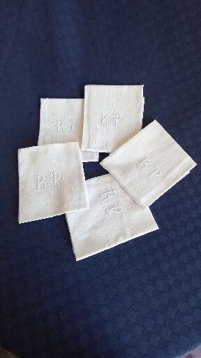 Set of 5 cotton napkins, light ivory, RP monogram