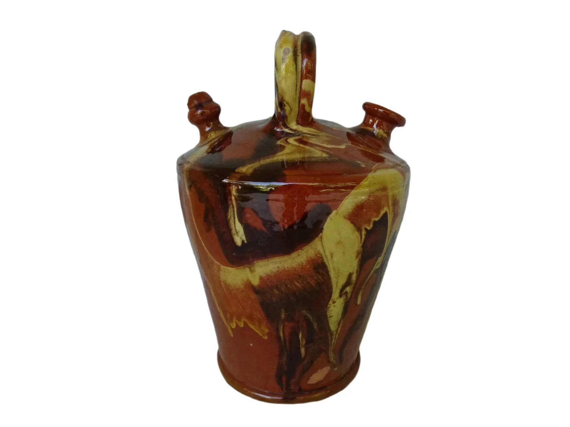 Gargoulette antique en poterie à glaçure jaspé, catalane