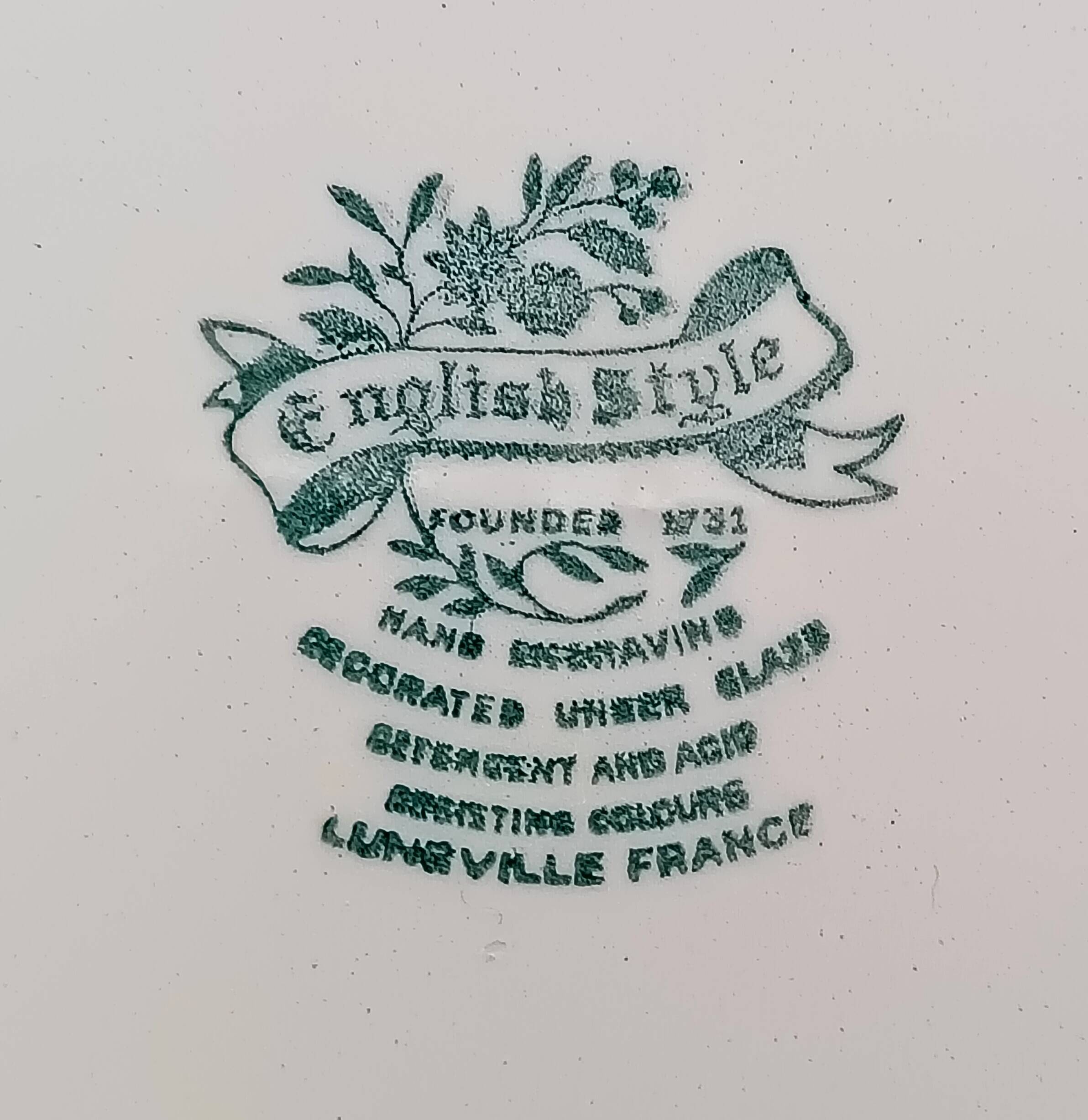 6 french ceramic luneville soup plates, green and ivory