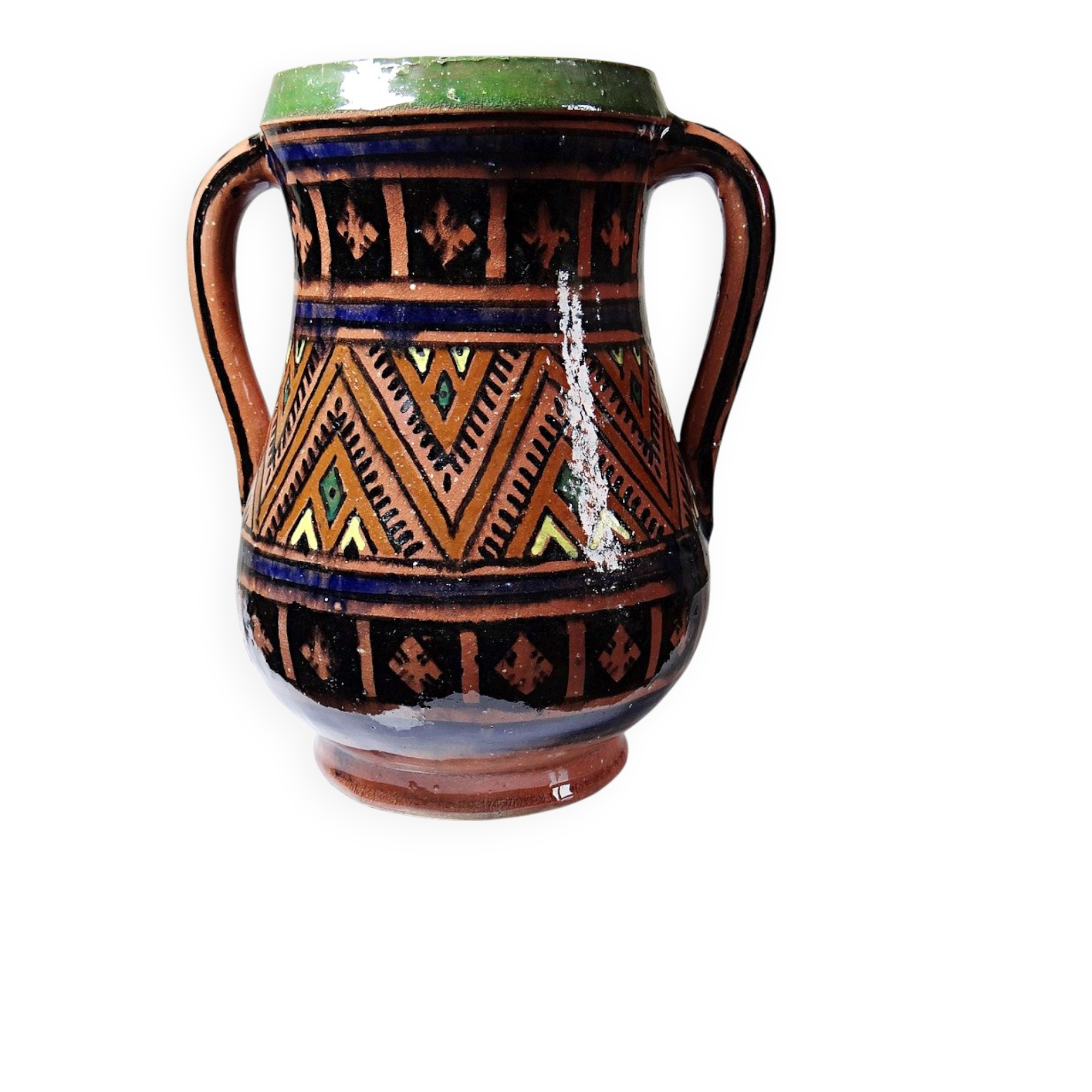 Large Moroccan vase from Safi, polychrome terracotta with two handles, from the 1950s to 1970s.