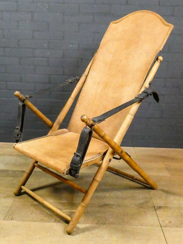 Chaise pliante de salon de campagne de safari antique, Espagne 19ème siècle