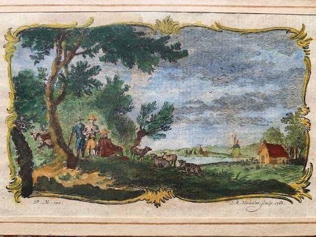 Miniature enhanced engraving, under glass, late 18th century painting, Netherlands