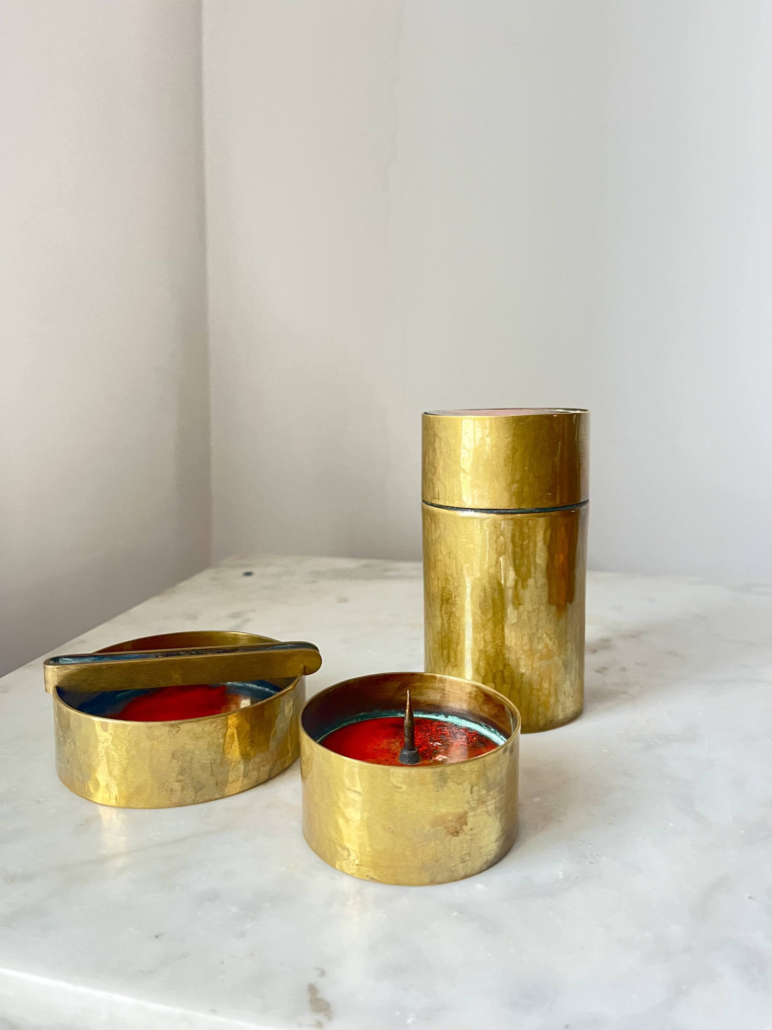 Vintage Red Enamelled Bronze Set, Ashtray, Candle Holder & Lidded Jar, 50s