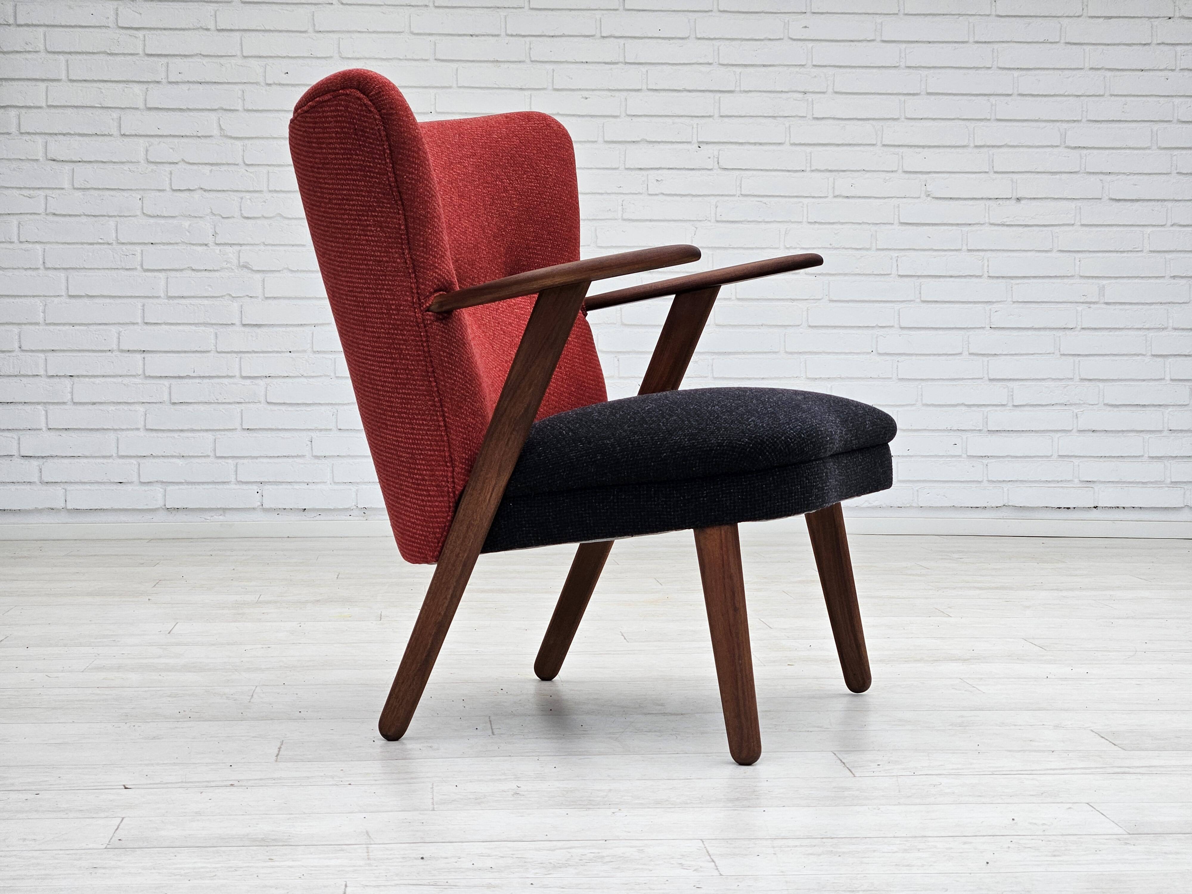 1960s, Danish design by Erhardsen & Andersen, reupholstered armchair, furniture wool, teak wood.