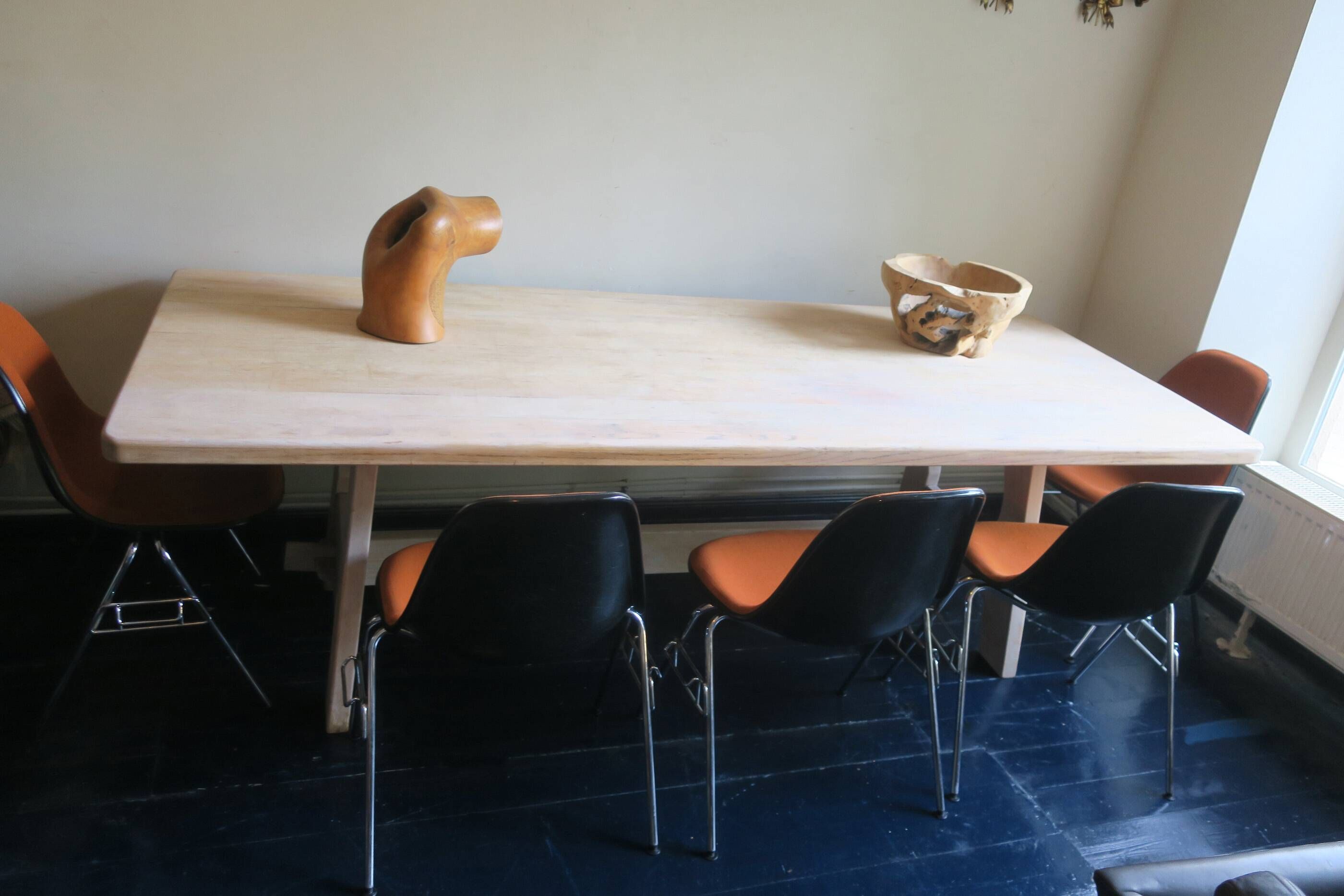 Large mid-century limed solid oak dining table 244 cm x 100 cm, 1950