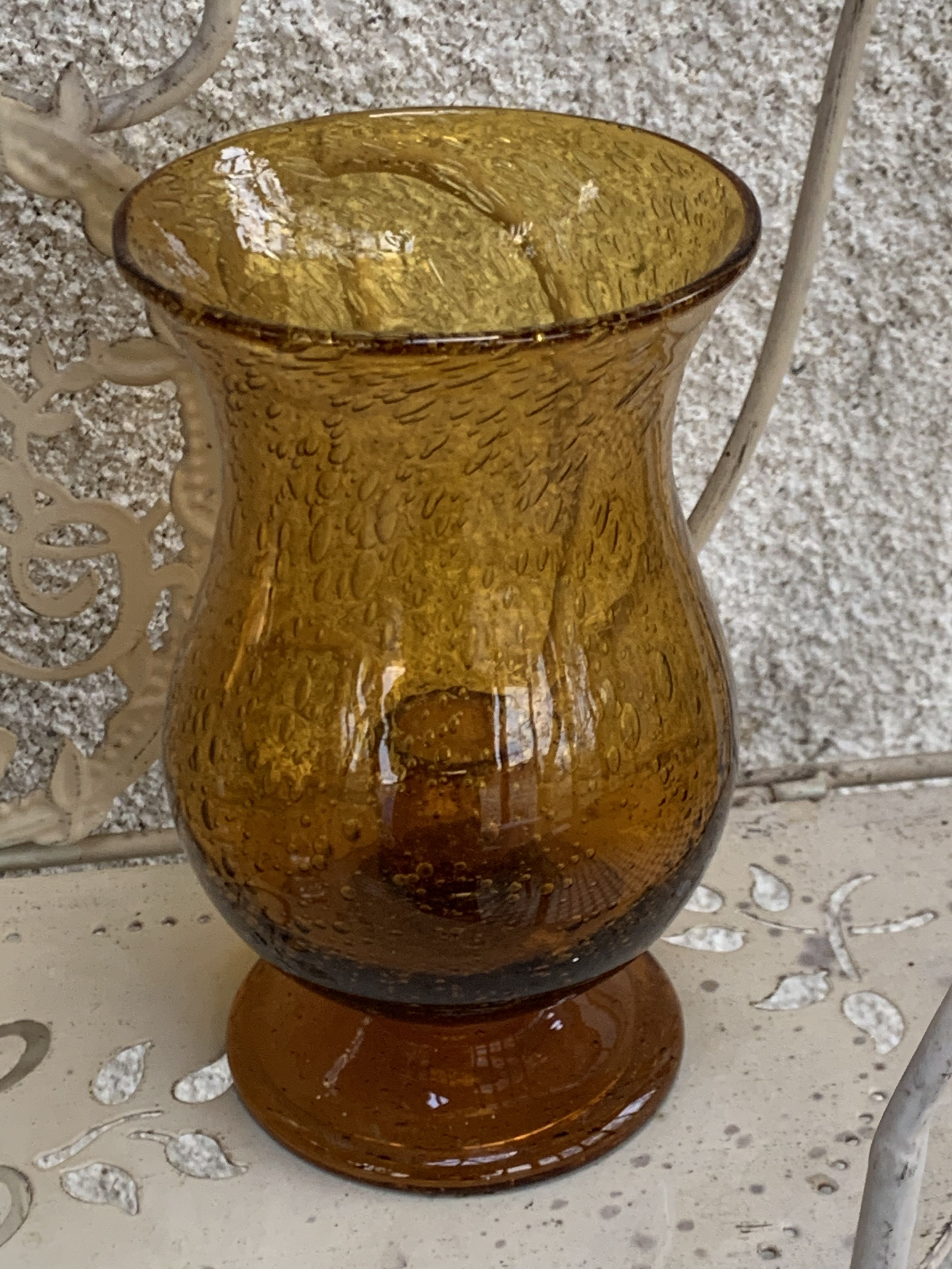 Photophore in bubble glass and hand-blown golden yellow signed vintage biot