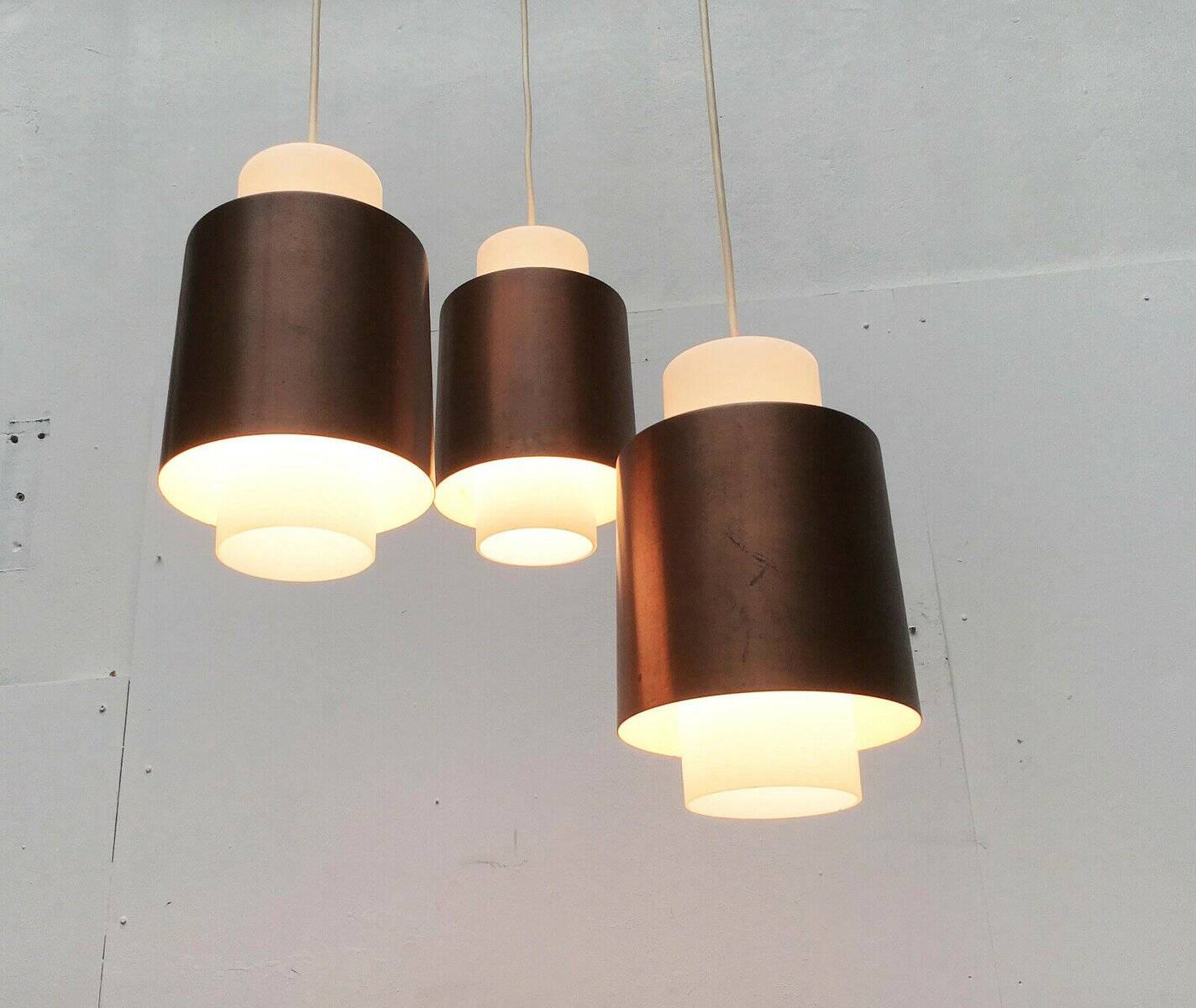 Triple cascade pendant lamp in copper and glass from the modern German space age of the mid-century by Staff, 1960s.