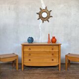 Elm chest of drawers and two elm bedside tables 1980