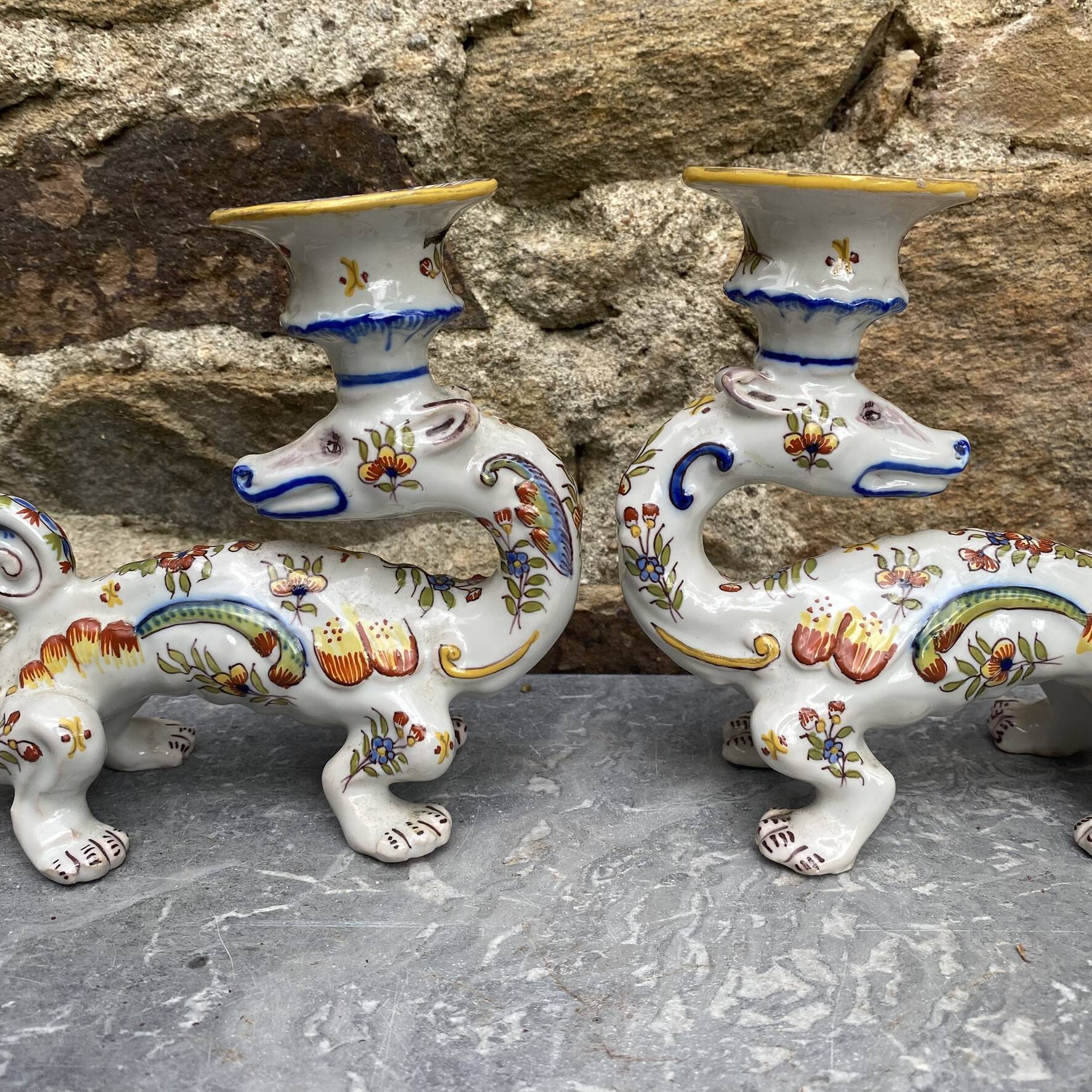 Pair of dragon candlesticks in Desvres earthenware, Rouen