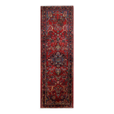 Tapis de couloir et d'escalier vintage en laine rouge à motifs floraux, fait main, style milieu du siècle.